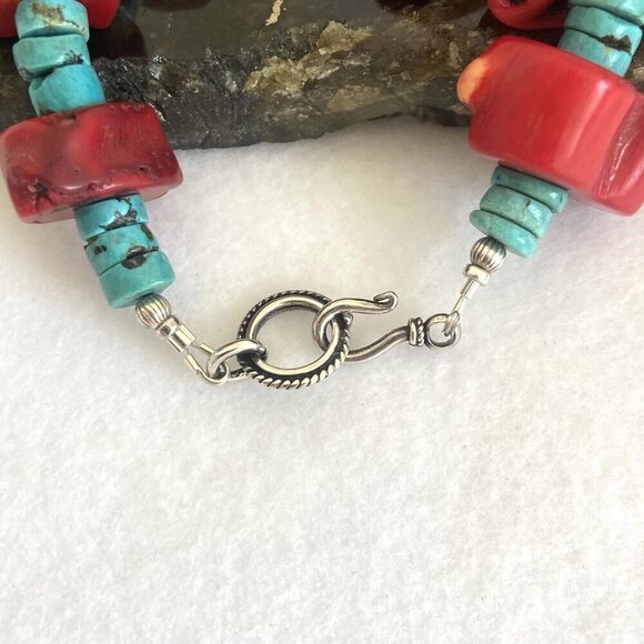 VTG Southwest Chunky Red Coral & Heishi Turquoise Beaded Bracelet Fits 7" Wrist - Picture 15 of 16